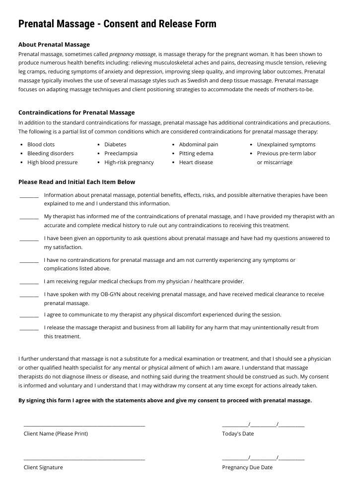 Prenatal Massage Consent and Release Form